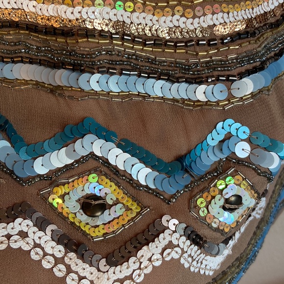 DELETTA ANTHROPOLOGIE S Sequined Beaded Sleeveless Cap Sleeve Shirt Top Tan Blue - Picture 6 of 16